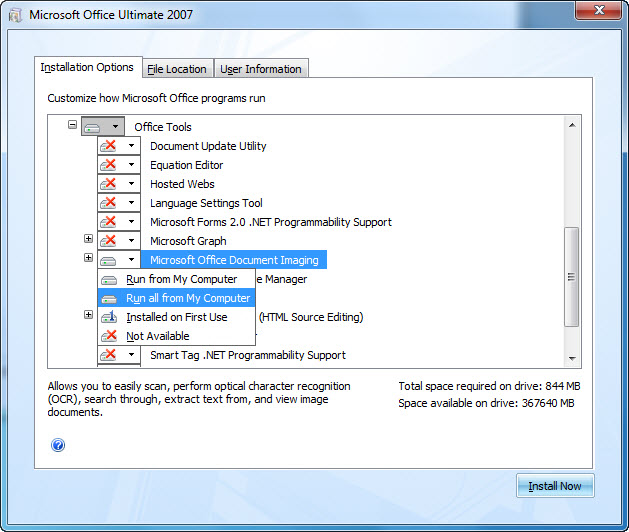 Screenshot displaying the location of MODI during the 2007 Office system installation: