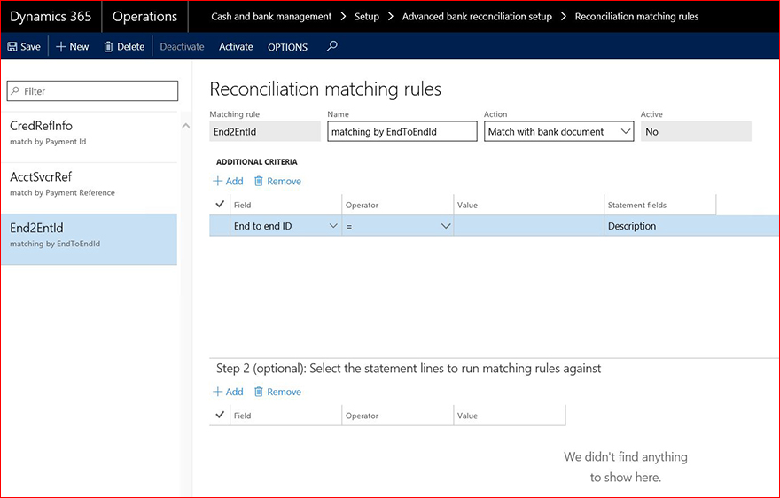 This image shows you how to set up additional rules to match bank statement line and bank document line.