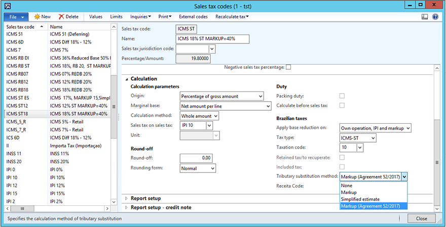 Tributary substitution method for ICMS-ST tax type with new value Markup (Agreement 52/2017) KB4055615