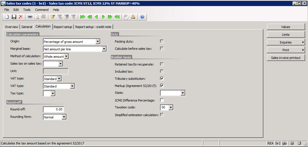 Tributary substitution method for ICMS-ST tax type with new value Markup (Agreement 52/2017) KB4055615 (v5.0)