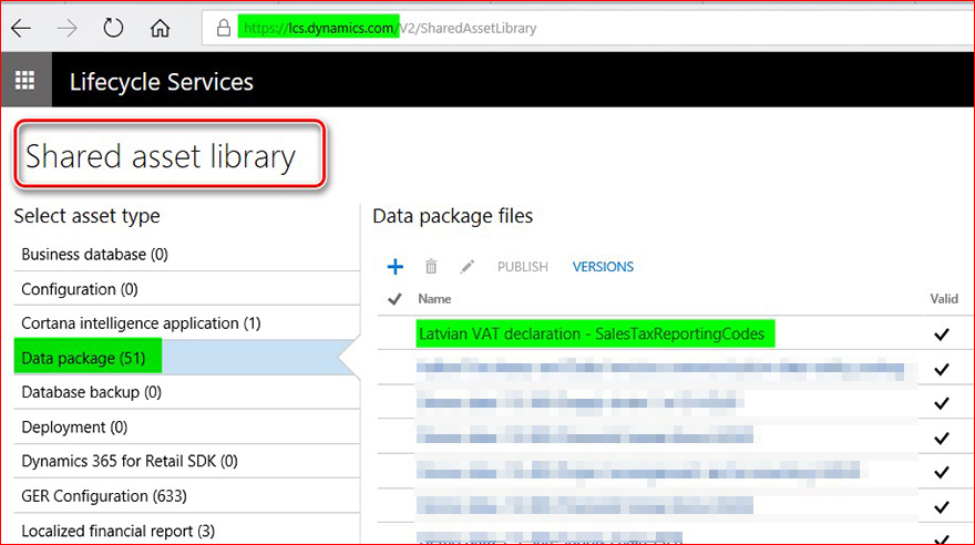 This image shows you how to download and import Data entity for Reporting codes table: Latvian VAT declaration – SalesTaxReportingCodes.