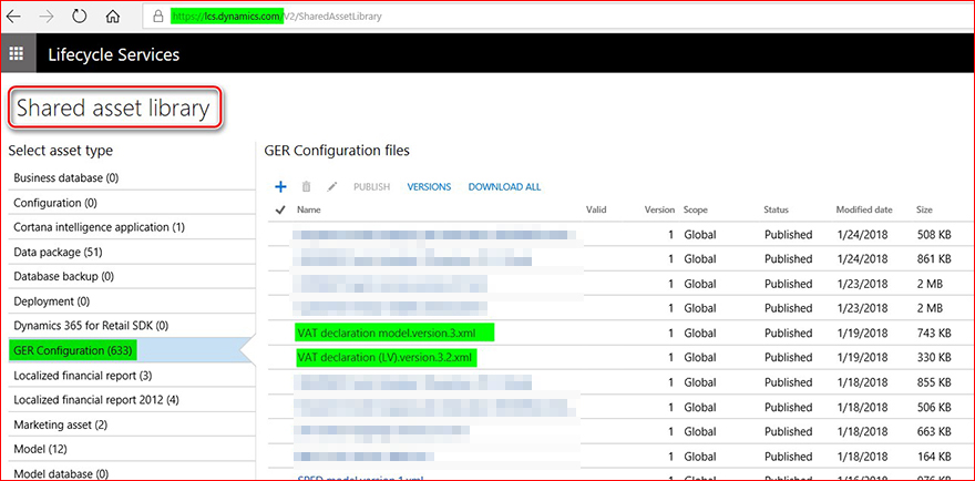This image shows you how to download and import the updated GER configurations: VAT declaration model.version.3.xml and VAT declaration (LV).version.3.2.xml.