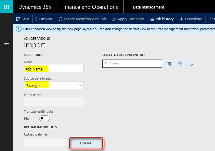 This image shows you how to download from LCS Shared asset library and import updated Electronic messages setup data entities package.