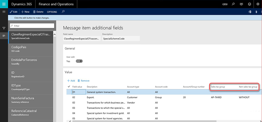 This image shows the Sales tax group and Item sales tax group fields are added on the Additional fields setup in Electronic messages functionality.