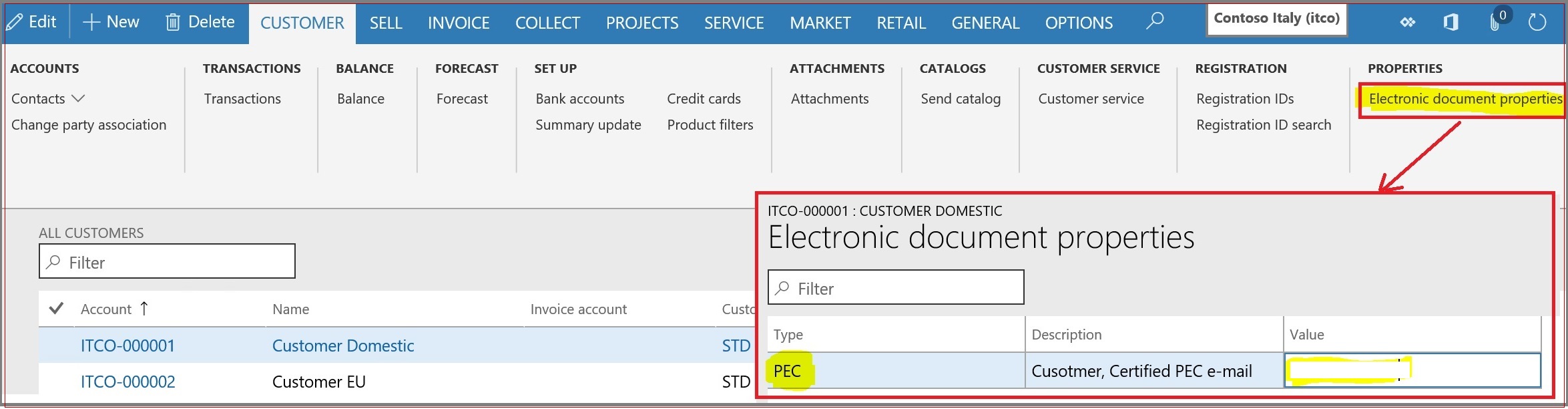 PEC property on Customer level