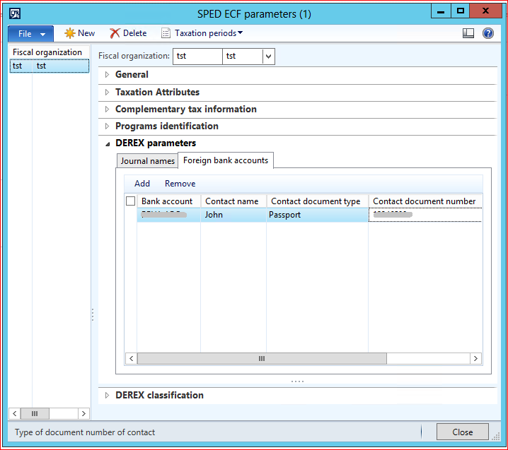 Sped ECF  Derex parameters bank account