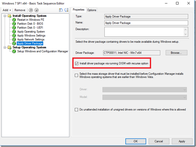 4459108 Win 7 Task Sequencer dialog box with Install driver package via Running IDSM with recurse option