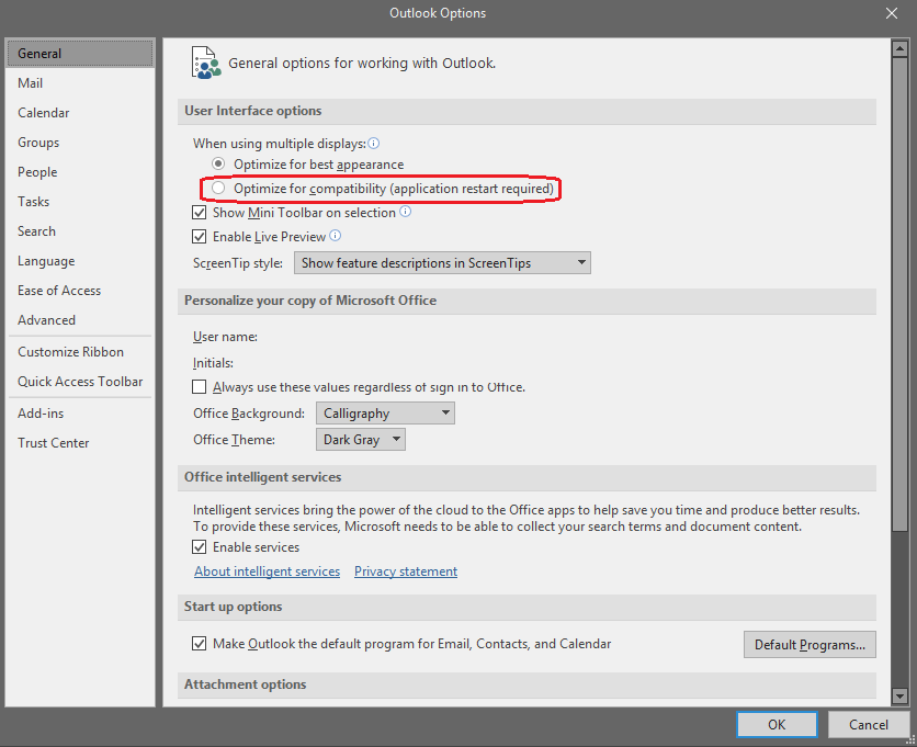 Picture of Optimization setting in Outlook